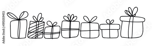 A collection of simple outlined gift boxes with various bows and ribbon decorations suitable for holiday greetings, party invitations, or celebration themed marketing materials