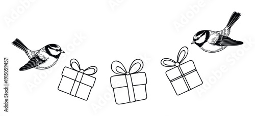 Handdrawn black and white great tit birds interacting with festive gift box outlines, suitable for seasonal promotions, event announcements, and winter decor projects.