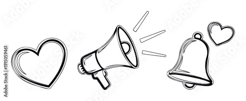Expressive black and white line icons featuring a vibrant heart a dynamic megaphone and an active notification bell for social media apps websites and marketing materials