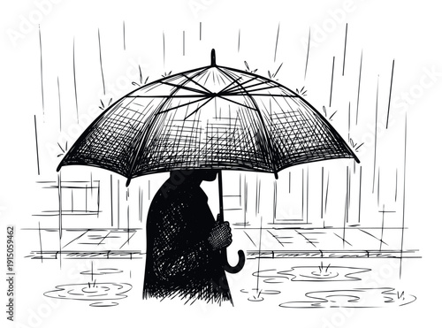 Person walking in heavy rain holding an umbrella on a wet city street with puddles, expressing feelings of solitude or determination, suitable for weatherrelated designs or mooddriven