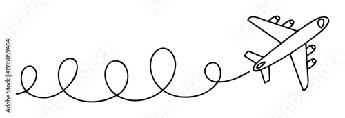 Outline drawing of an airplane flying across the sky leaving a fun curly trail perfect for travel marketing materials and aviation themed promotions.
