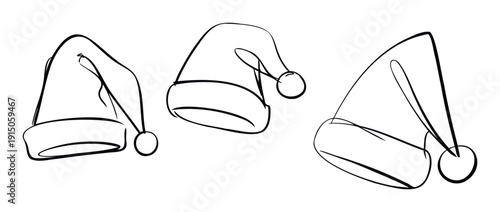 Simple black and white line drawings of festive Santa hats with soft pompoms, ideal for holiday season projects, Christmas invitations, winter celebration visuals, and seasonal greeting
