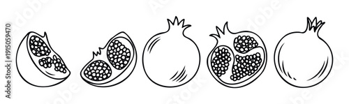 Outline illustrations of fresh pomegranates presented as whole fruit, halves, and quarters revealing internal seeds, ideal for organic food promotions or culinary graphics.