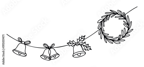 Simple black line art garland featuring festive Christmas bells and a leafy wreath, perfect for holiday greeting cards, seasonal web graphics, and celebratory print media projects.