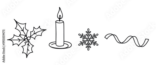 Simple black line winter holiday icons including holly, a burning candle, snowflake, and decorative ribbon, ideal for greeting seasonal events and celebration designs.