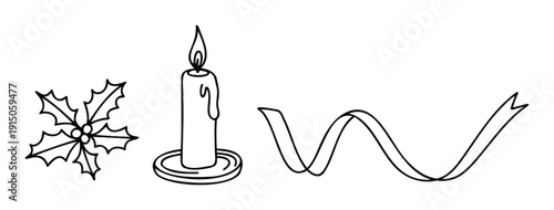 Festive holly sprig, glowing candle, and decorative ribbon outlines offering versatile graphic elements for holiday celebrations, seasonal events, and creative winter projects