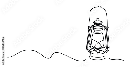 Elegant continuous line drawing featuring a classic kerosene lamp, symbolizing illumination and heritage, ideal for minimalist designs, educational content, or projects evoking nostalgic