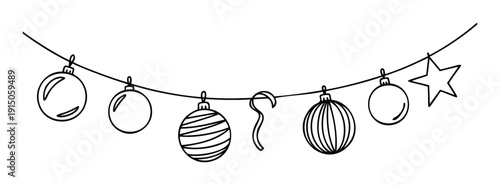 A cheerful black outline Christmas garland featuring various decorative ornaments, stars, striped balls, and a ribbon, ideal for holiday season greetings, invitations, and festive event