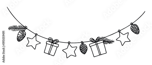 A hand drawn string of winter holiday ornaments including stars, gift boxes, and pinecones for festive season greeting cards, invitations, web graphics, and celebratory event decorations.