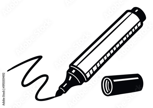 Simple graphic icon of a black marker pen actively drawing a wavy line with its cap off, perfect for educational materials, office supplies imagery, or creative design projects.