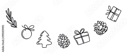 Minimalist handdrawn holiday season symbols arranged in a festive arch perfect for winter greetings cards social media posts and event decorations