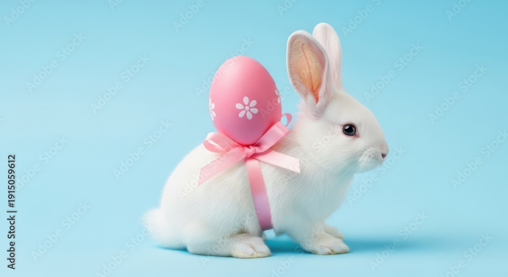 Obraz premium White rabbit carrying pink Easter egg on blue background