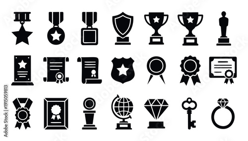 Versatile glyph set featuring various achievement and success symbols including awards, trophies, medals, certificates, and badges, perfect for illustrating concepts of victory,