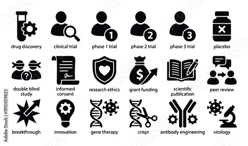 Comprehensive collection of medical research and drug development icons illustrating clinical trials, gene therapy, and scientific processes for biotechnology presentations and educational