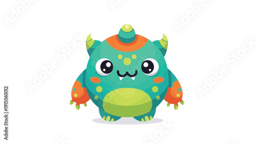Colorful cartoon monster with orange horns and spots on a white background.
