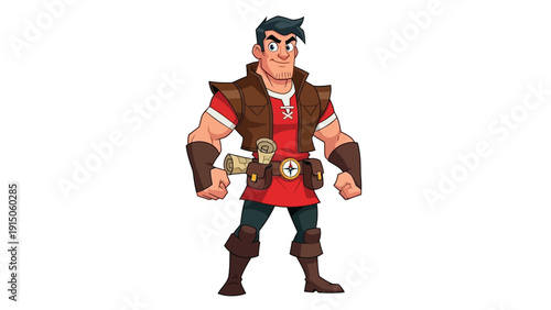 A muscular cartoon character wearing a red shirt and brown leather armor stands confidently with fists clenched against a plain white background.