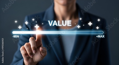Businesswoman interacts with a digital interface to precisely adjust and maximize customer value perception on a futuristic glowing bar graph.