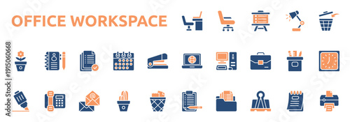 Office Workspace icon set two color style with desk, office chair, presentation board, table lamp, document, calendar, staple, marker, telephone, email icons