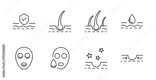 Skin and hair care set icon. Skin shield, single hair root, hair cluster, moisture drop, face mask, essence mask, star effect, wrinkle line, pore care