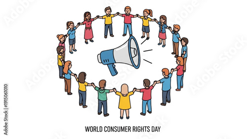 High-quality black outline colorful art of people joining hands around a megaphone, symbolizing consumer advocacy and voice for World Consumer Rights Day