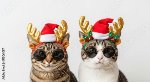 Two Cats Wearing Santa Hats and Reindeer Antlers