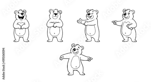 Adorable Full-Length Bear Cartoon Characters – Outline Vector for Games and Coloring Pages