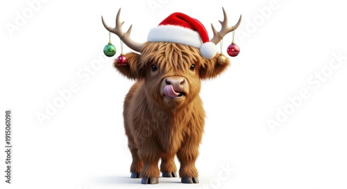 Highland Cow Wearing Santa Hat With Christmas Ornaments