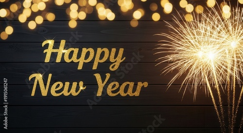 Happy New Year with golden fireworks and bokeh lights