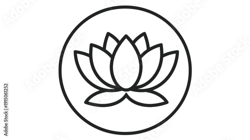 A stylized black and white illustration of a lotus flower enclosed within a simple circular border
