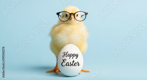 Cute chick wearing glasses with Happy Easter egg