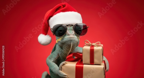 Chameleon wearing Santa hat and sunglasses holding Christmas gifts
