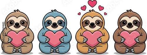 Cute Sloth with Heart Outline Icon Set Adorable Valentine Animal Characters