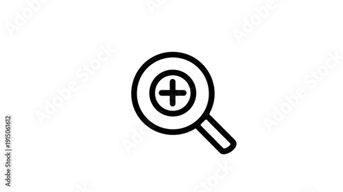A simple, bold icon depicting a magnifying glass with a plus sign, perfect for zooming