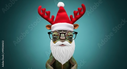 Cute Chameleon Wearing Santa Hat And Glasses