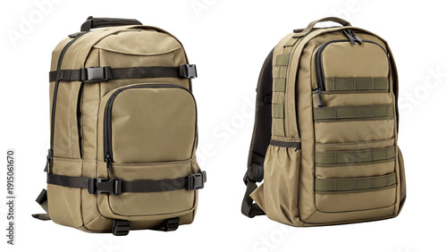 Tan colored tactical backpack on both sides isolated on transparent background