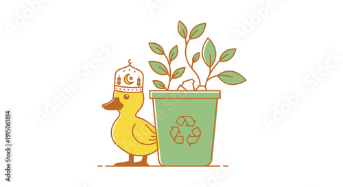Duck with Recycled Plant Pot and Growing Seedling