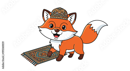 Cute Fox Wearing Prayer Cap on Prayer Rug