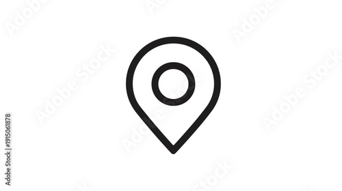 A minimalist icon depicting a location pin, with a circular center, set against a white backdrop