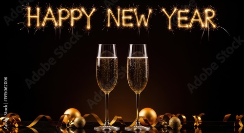 Happy New Year sparklers champagne and gold decorations