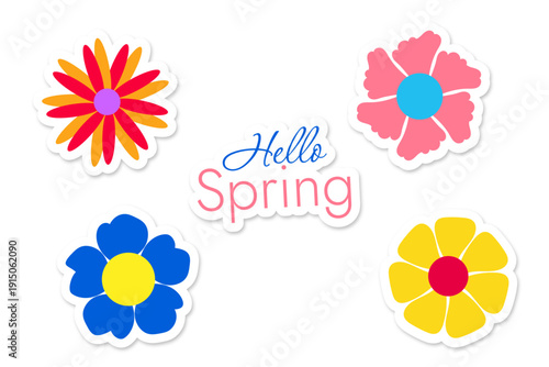 Hello spring set of vector colorful stickers with flowers without background
