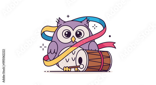 Cute Purple Owl with Drum and Ribbon in Festive Scene