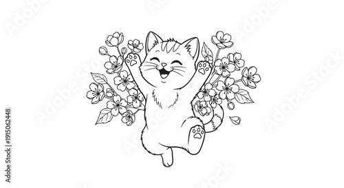 Playful Purring Kitten Among Flowers