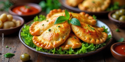 Wallpaper Mural Golden-brown pastries served on a bed of fresh lettuce, accompanied by savory dipping sauces and olives Torontodigital.ca