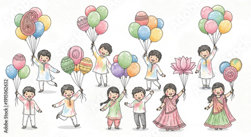 Children in traditional clothing hold colorful balloons and flowers joyful celebration scene