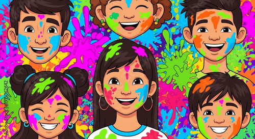 Diverse group of happy children with colorful paint on their faces and clothes celebrating holi festival