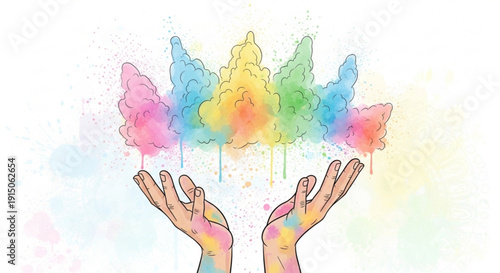 Hands releasing colorful smoke symbolizing freedom and creativity with a vibrant rainbow effect on a white background