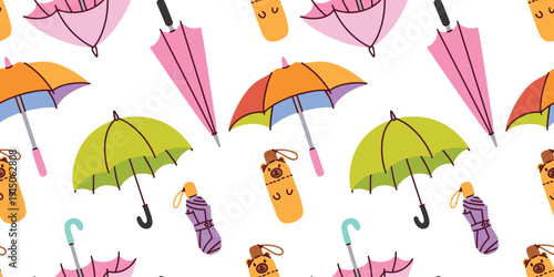 Set of thirteen 4 hand drawn umbrella stickers in various bright colors. Includes open and closed versions ideal for scrapbooking, seasonal weather tracking, and digital art.