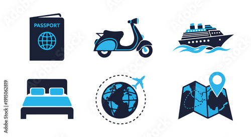 Travel and tourism icons set. Flat simple illustrations of passport, scooter, cruise ship, hotel bed, globe and map pin. logo template, Glyph solid icon, Blue icon  - Editable icon