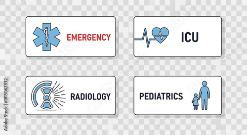 Medical Department Icons: Emergency, ICU, Radiology, Pediatrics