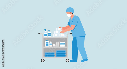 Medical Professional Pushing Cart with Supplies, Healthcare, Science, Research